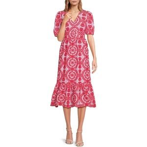 NWT Adelyn Rae Eyelet Embroidered Puff Short Sleeve V-Neck Midi Dress Sz M